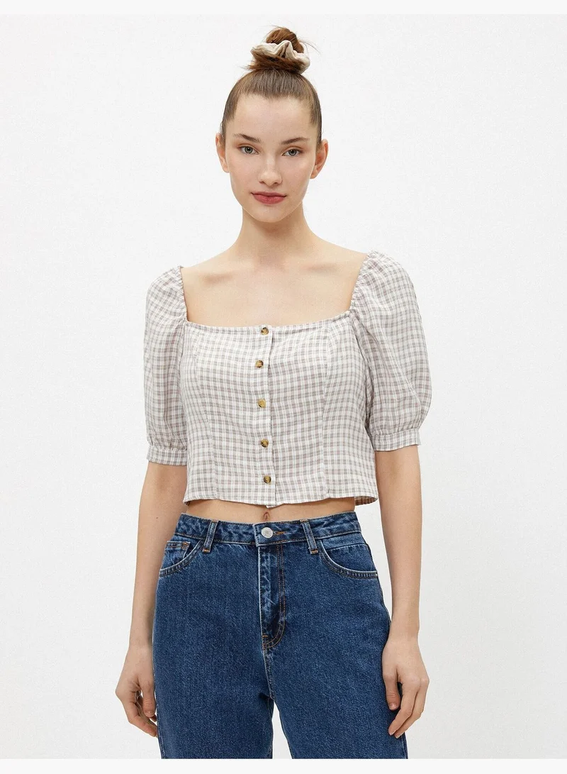 KOTON Puff Sleeve Blouse Checked Buttoned Square Neck