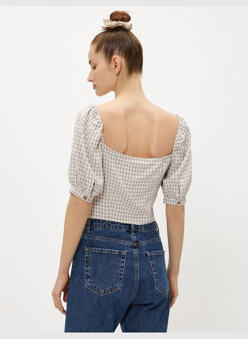 KOTON Puff Sleeve Blouse Checked Buttoned Square Neck