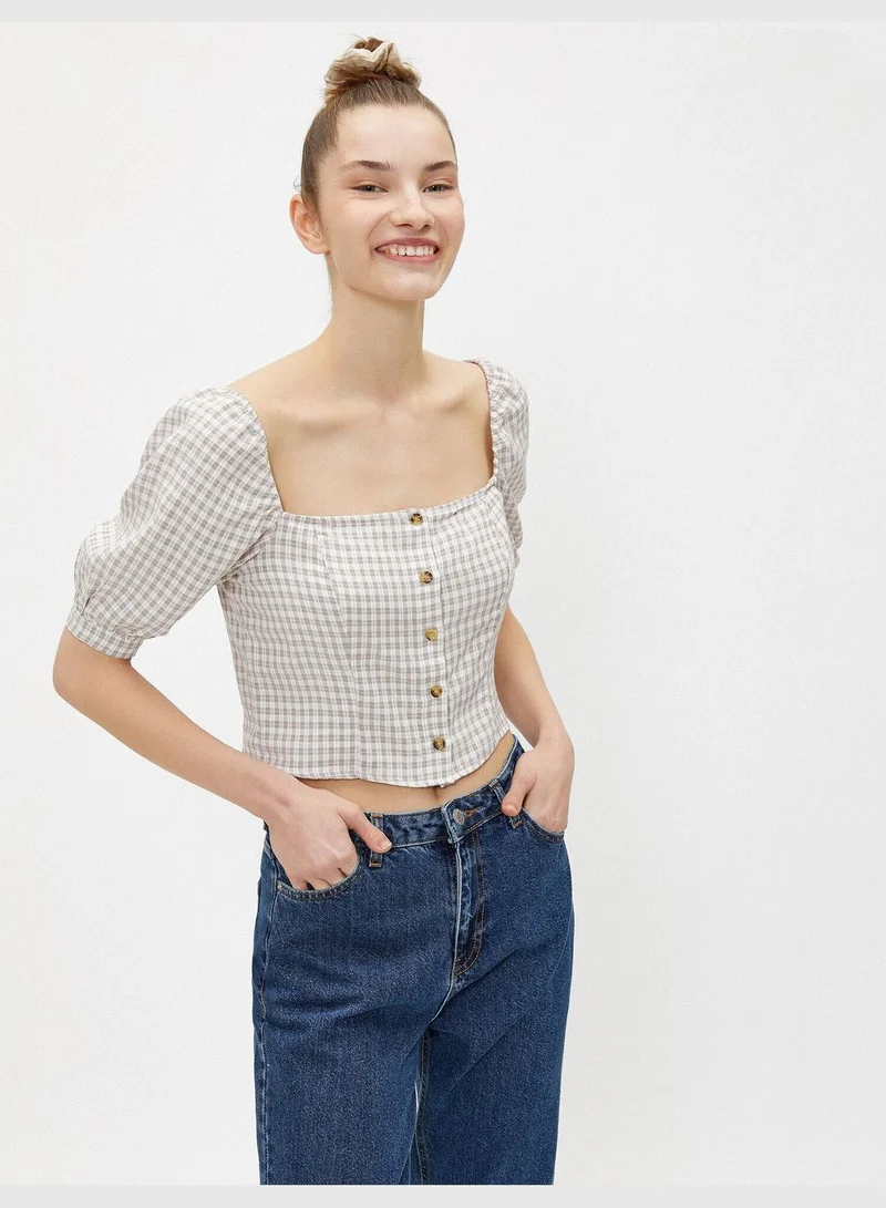 KOTON Puff Sleeve Blouse Checked Buttoned Square Neck