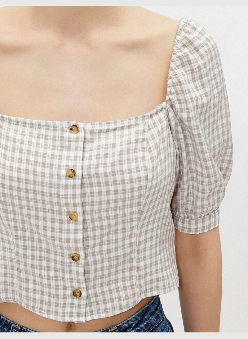 KOTON Puff Sleeve Blouse Checked Buttoned Square Neck