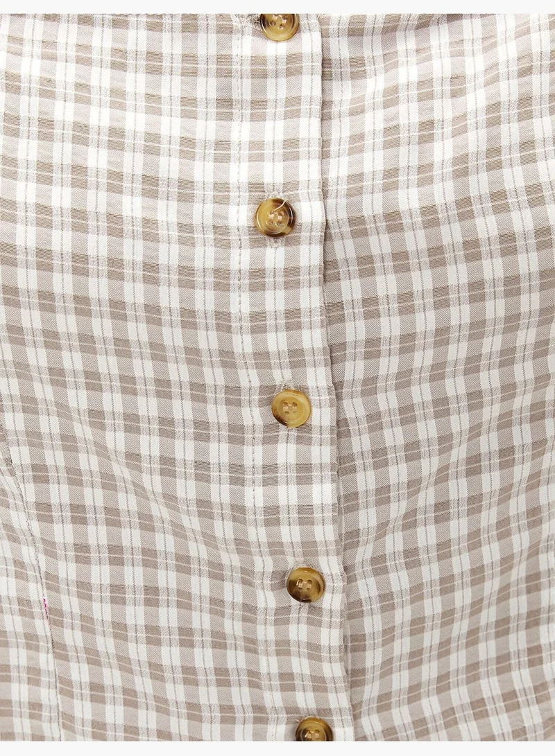 KOTON Puff Sleeve Blouse Checked Buttoned Square Neck