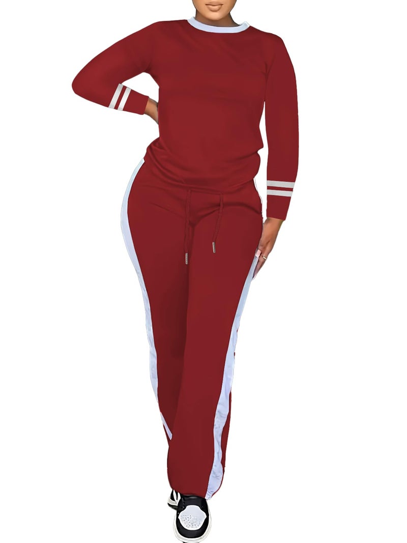 PINSV Women's 2 Piece Outfits Long Sleeve Tops Sweatpants Colorblock Bodycon Lounge Sets Tracksuits Burgundy L - Image 1