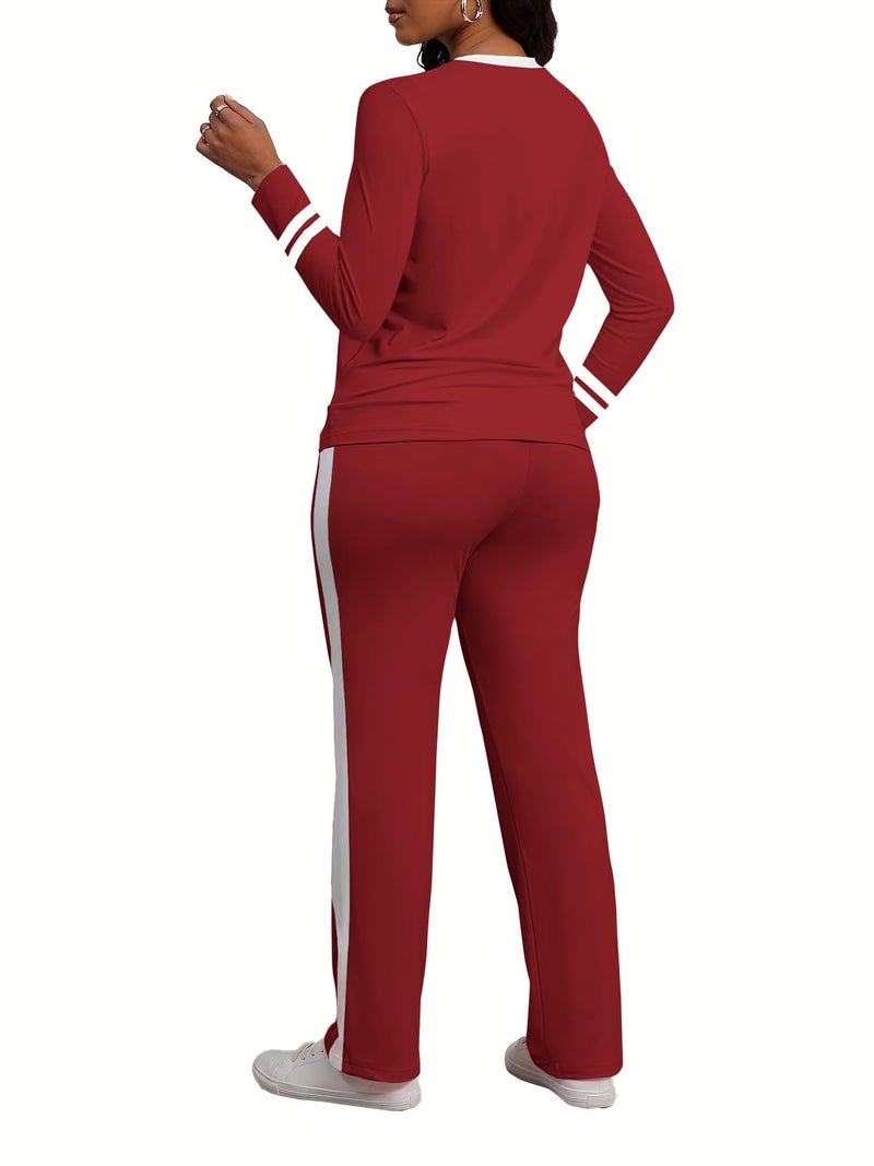 PINSV Women's 2 Piece Outfits Long Sleeve Tops Sweatpants Colorblock Bodycon Lounge Sets Tracksuits Burgundy L - Image 5