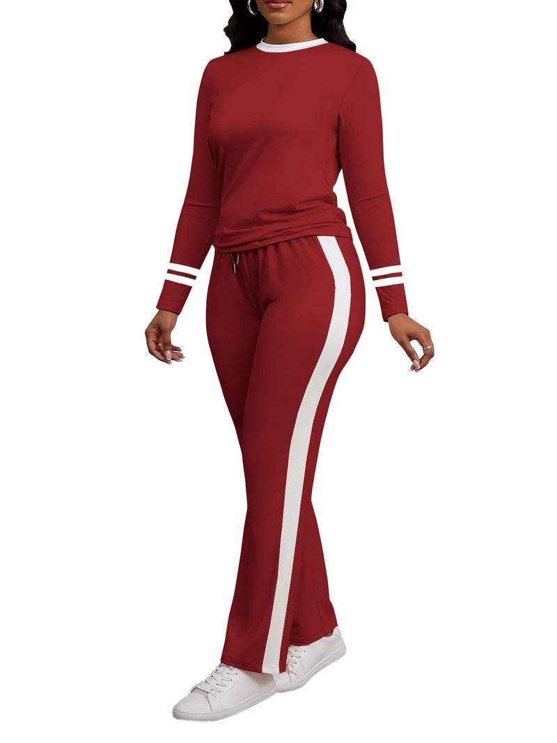 PINSV Women's 2 Piece Outfits Long Sleeve Tops Sweatpants Colorblock Bodycon Lounge Sets Tracksuits Burgundy L - Image 2