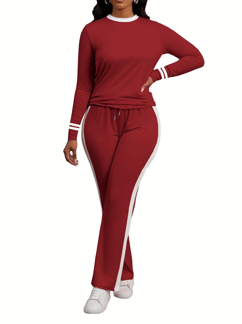 PINSV Women's 2 Piece Outfits Long Sleeve Tops Sweatpants Colorblock Bodycon Lounge Sets Tracksuits Burgundy L - Image 4