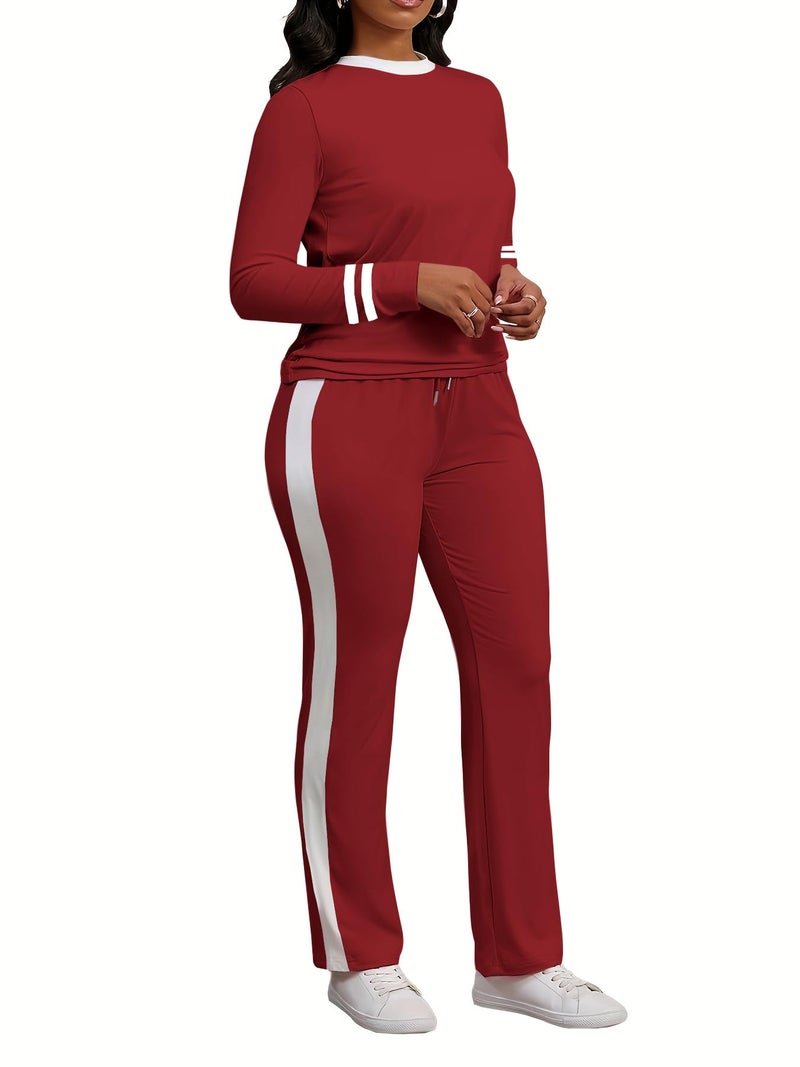 PINSV Women's 2 Piece Outfits Long Sleeve Tops Sweatpants Colorblock Bodycon Lounge Sets Tracksuits Burgundy L - Image 3