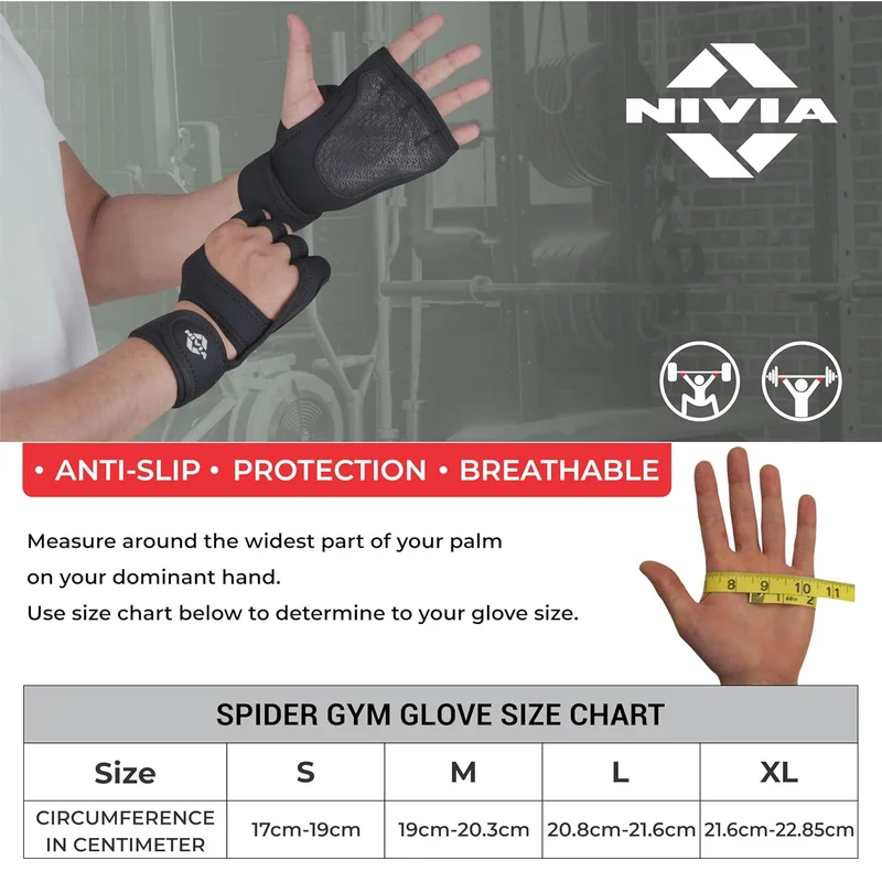 Nivia  Nivia Spider Gym Gloves for Men & Women - Breathable, Lightweight, Padded Palm with Wrist Support for Weightlifting and Fitness  | Best Price UAE
