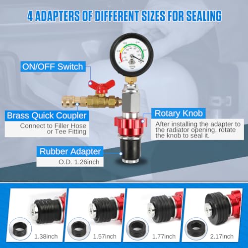 KAISAL Coolant Vacuum Refill Kit Time-saving Vacuum Coolant Refill Kit Well-sealed Cooling System Vacuum Purge & Refill Kit with Pressure Gauge, 5 Sizes Adapters, Long Coolant Filling Hose for All Vehicles - Image 3