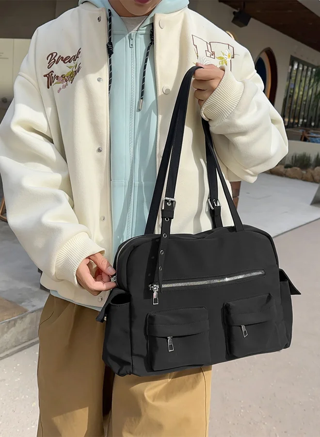 Take Two solid pocket detail zip closure Double Strap Shoulder Bag