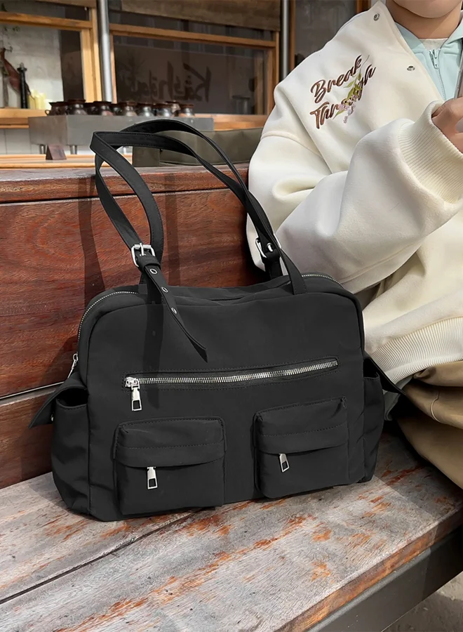 Take Two solid pocket detail zip closure Double Strap Shoulder Bag