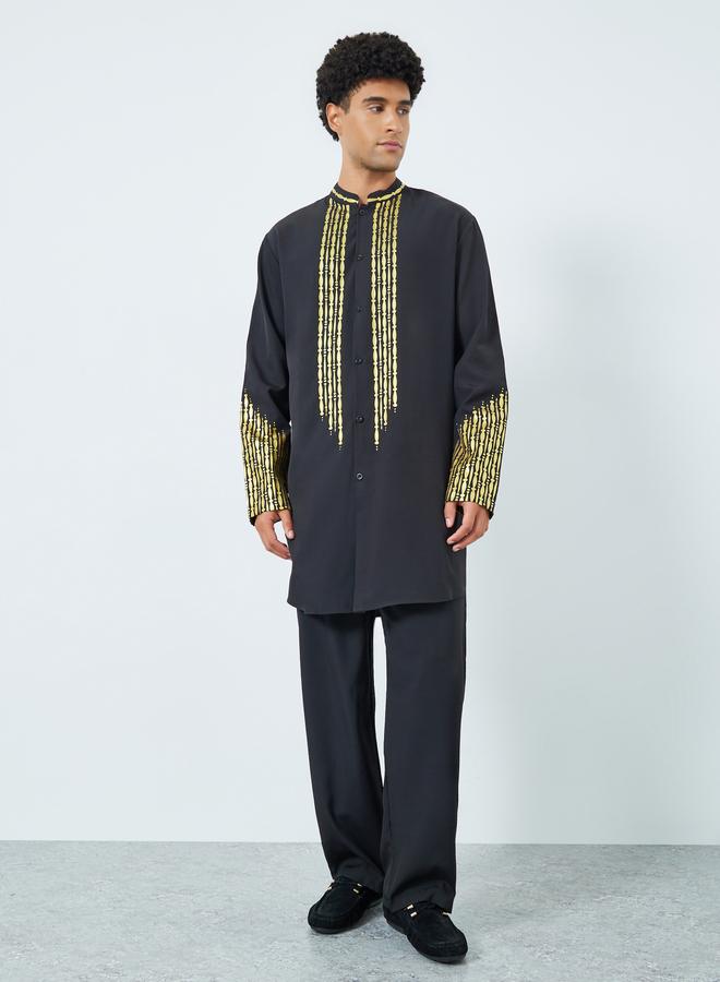 Take Two Men Stand Collar Foil Print Thobe and Trousers Set - Image 1