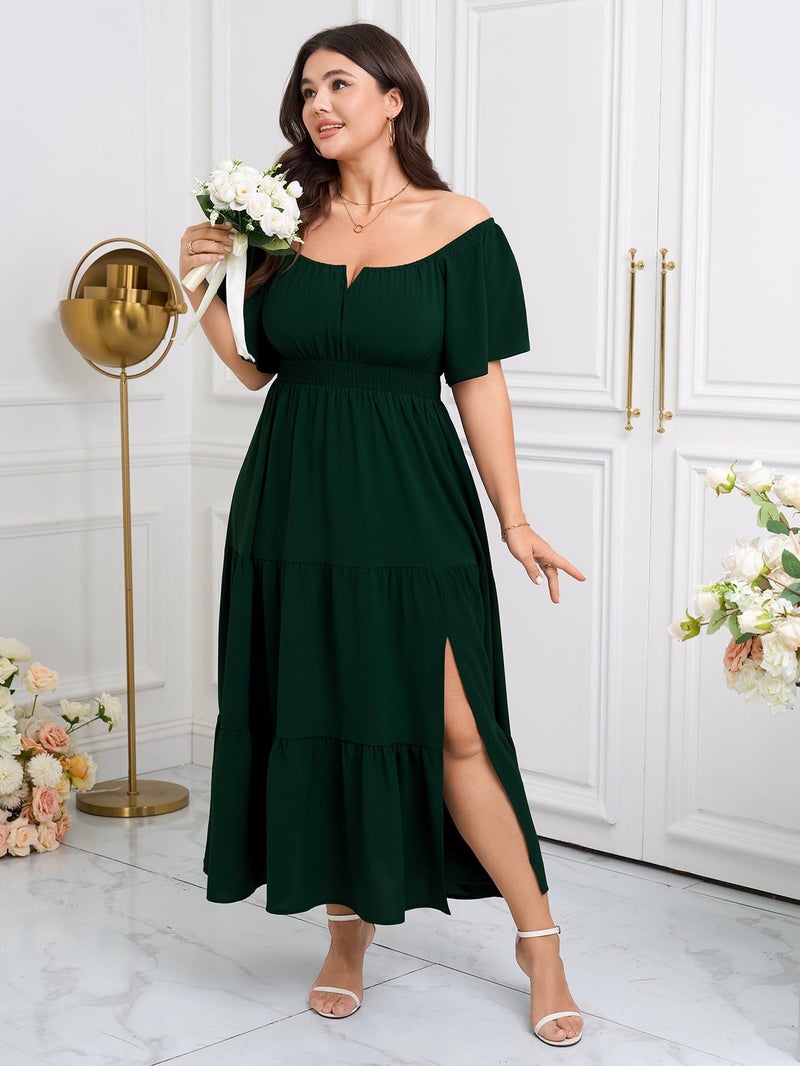 SCOMCHIC Womens Plus Size Maxi Dress Formal Short Sleeve Square Neck Smocked Side Split Flowy A Line Tiered Long Dress Emerald Green - Image 3