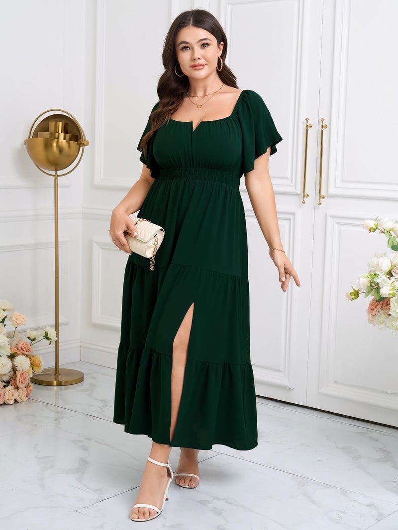 SCOMCHIC Womens Plus Size Maxi Dress Formal Short Sleeve Square Neck Smocked Side Split Flowy A Line Tiered Long Dress Emerald Green - Image 5
