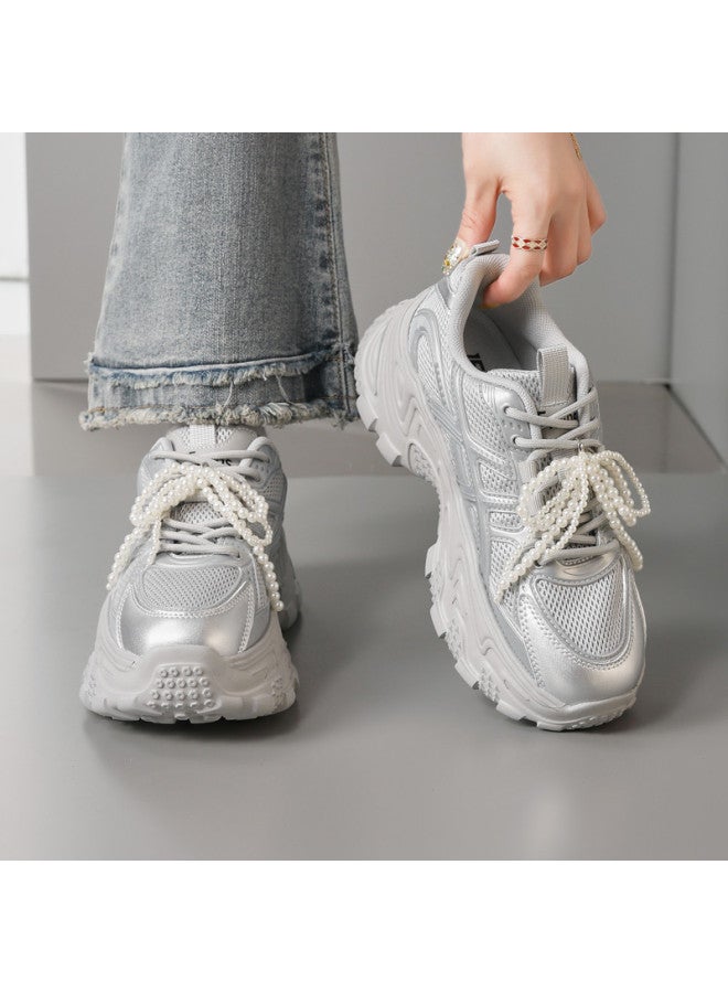 15MINS Platform Height Increase】2025 Summer New Retro Sneakers With Bow & Pearl Decor - Petite Women's Shoes - Image 5