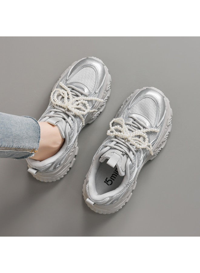 15MINS Platform Height Increase】2025 Summer New Retro Sneakers With Bow & Pearl Decor - Petite Women's Shoes - Image 3