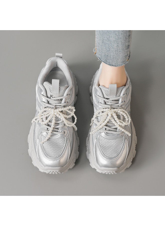 15MINS Platform Height Increase】2025 Summer New Retro Sneakers With Bow & Pearl Decor - Petite Women's Shoes - Image 4