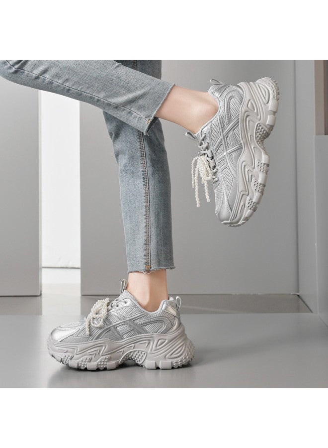 15MINS Platform Height Increase】2025 Summer New Retro Sneakers With Bow & Pearl Decor - Petite Women's Shoes - Image 2