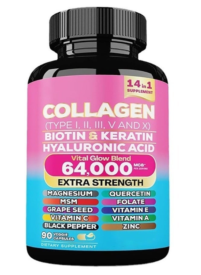 Collagen Pills Peptides Types I, II, III, V & X MCG Biotin Keratin Hyaluronic Acid MSM Vitamin A Vitamin C Vitamin E Folic Acid Zinc Magnesium with Grape Seed Extract, Quercetin 90 Caps - Image 1