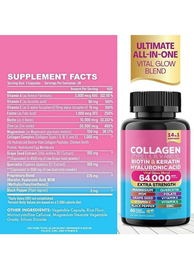 Collagen Pills Peptides Types I, II, III, V & X MCG Biotin Keratin Hyaluronic Acid MSM Vitamin A Vitamin C Vitamin E Folic Acid Zinc Magnesium with Grape Seed Extract, Quercetin 90 Caps - Image 3