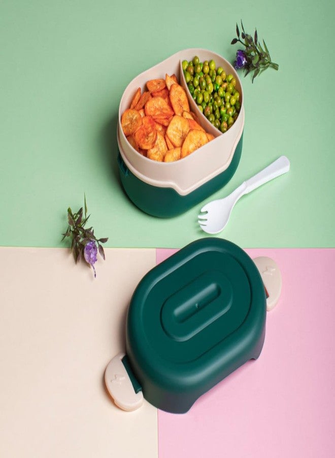 DIHOK Lunch Box with 2 Compartment, Stylish lid & 2 in1 Spoon Made with Heavy Plastic BPA Free Food Grade Perfect for School Kids, College & Outdoor (Green) - Image 2