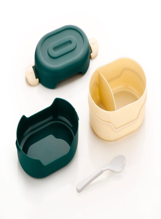 DIHOK Lunch Box with 2 Compartment, Stylish lid & 2 in1 Spoon Made with Heavy Plastic BPA Free Food Grade Perfect for School Kids, College & Outdoor (Green) - Image 3