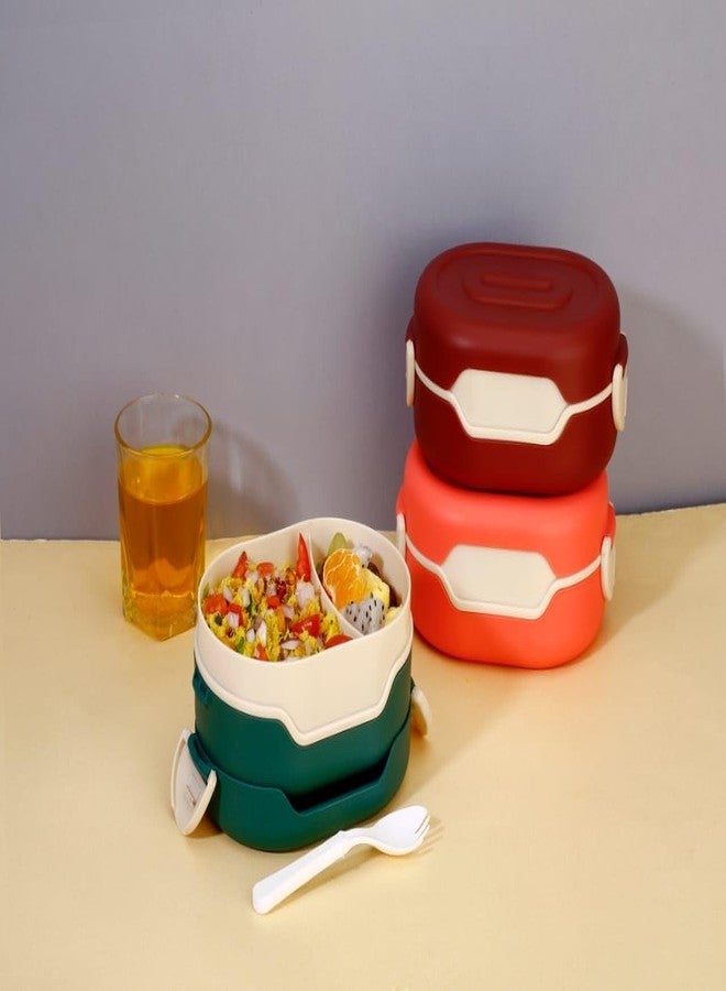 DIHOK Lunch Box with 2 Compartment, Stylish lid & 2 in1 Spoon Made with Heavy Plastic BPA Free Food Grade Perfect for School Kids, College & Outdoor (Green) - Image 4