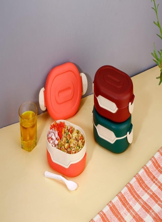 DIHOK Lunch Box with 2 Compartment, Stylish lid & 2 in1 Spoon Made with Heavy Plastic BPA Free Food Grade Perfect for School Kids, College & Outdoor (Green) - Image 5
