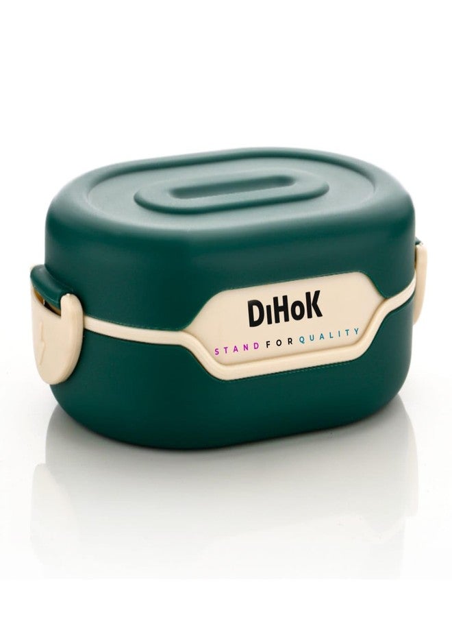 DIHOK Lunch Box with 2 Compartment, Stylish lid & 2 in1 Spoon Made with Heavy Plastic BPA Free Food Grade Perfect for School Kids, College & Outdoor (Green) - Image 1