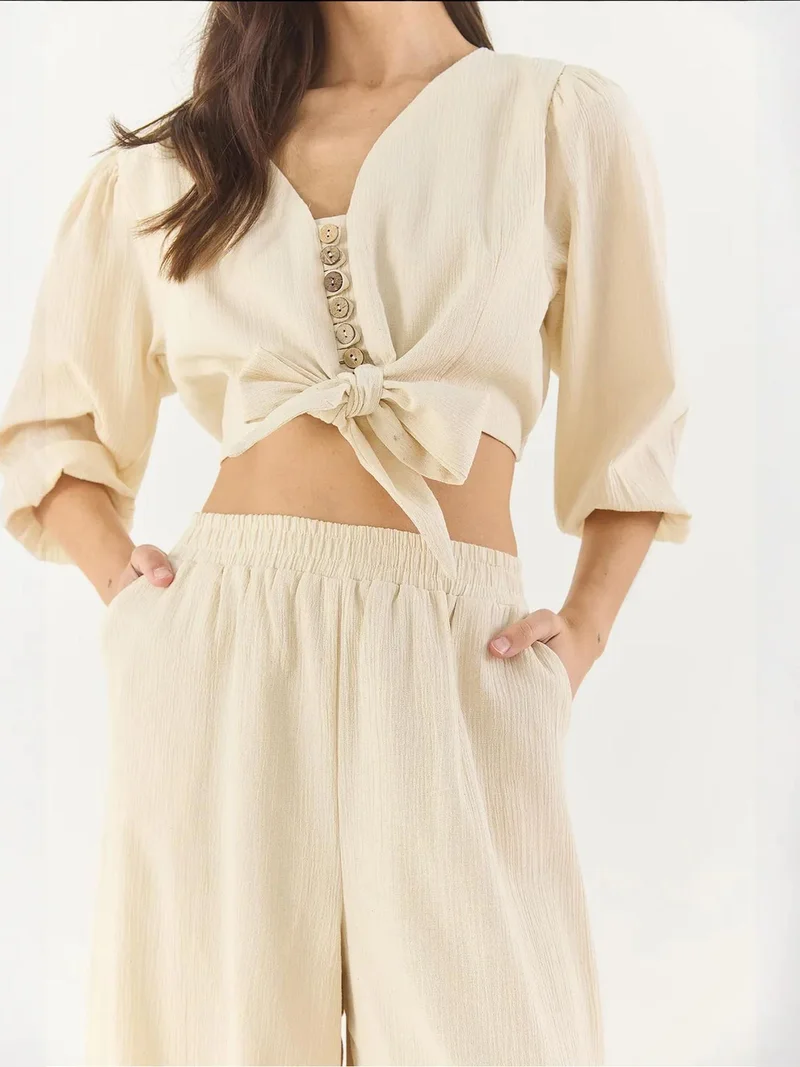 Bianco Lucci Beige Natural LUCCI Textured V-Neck Long Sleeve Two-Piece Coord Set for Women | Best Price UAE
