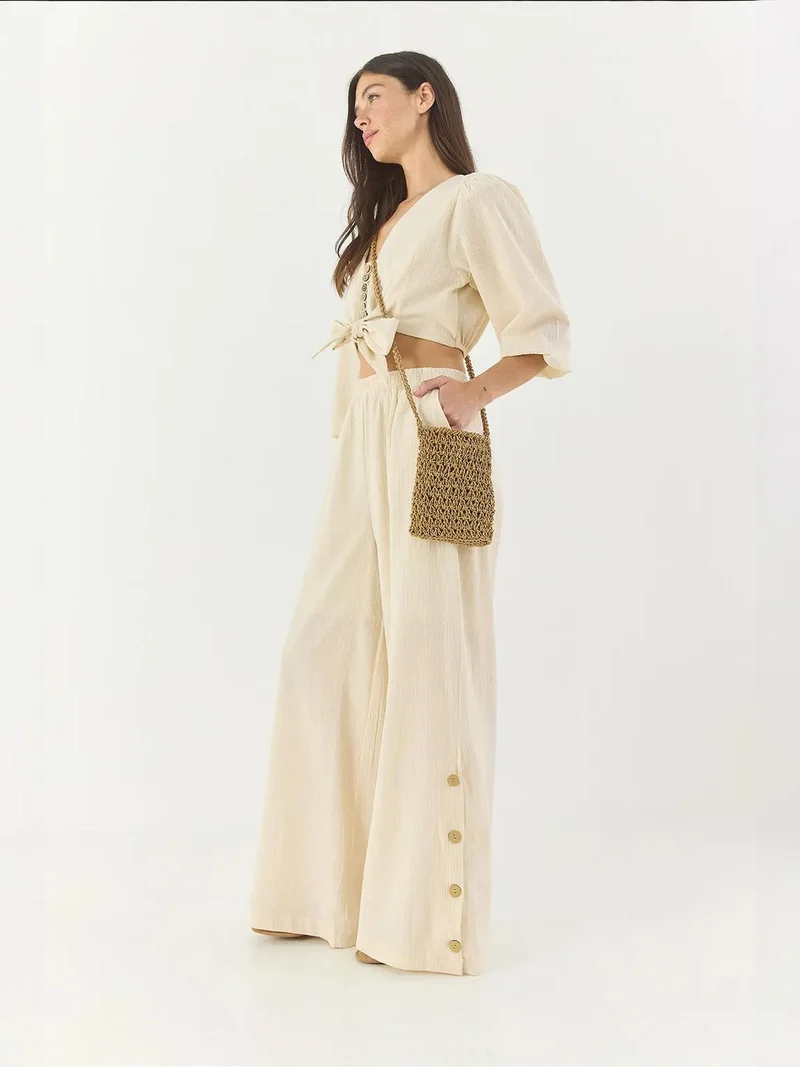 Bianco Lucci Beige Natural LUCCI Textured V-Neck Long Sleeve Two-Piece Coord Set for Women | Best Price UAE