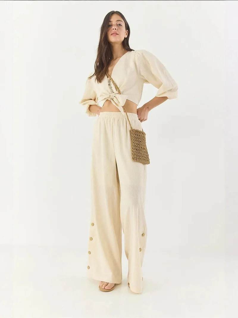 Bianco Lucci Beige Natural LUCCI Textured V-Neck Long Sleeve Two-Piece Coord Set for Women | Best Price UAE