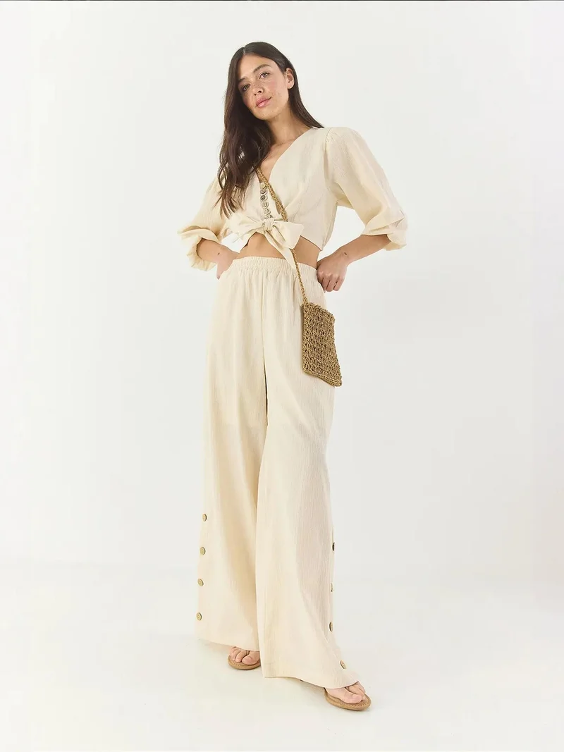 Bianco Lucci Beige Natural LUCCI Textured V-Neck Long Sleeve Two-Piece Coord Set for Women | Best Price UAE