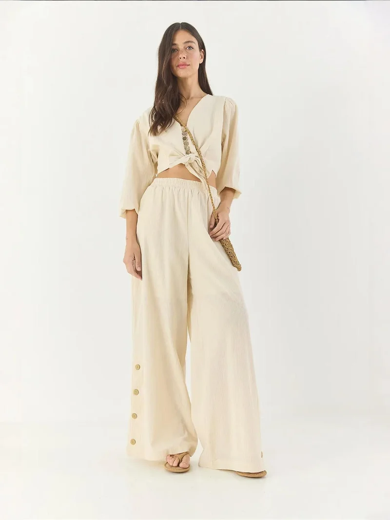 Bianco Lucci LUCCI Textured V-Neck Long Sleeve Two-Piece Coord Set