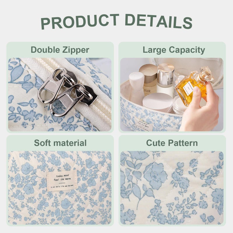 GISMTR 3Pcs Cotton Quilted Makeup Bag Large Travel Cosmetic Bag Coquette Makeup Pouch Cute Aesthetic Floral Toiletry Bag for Women Girls - Image 2