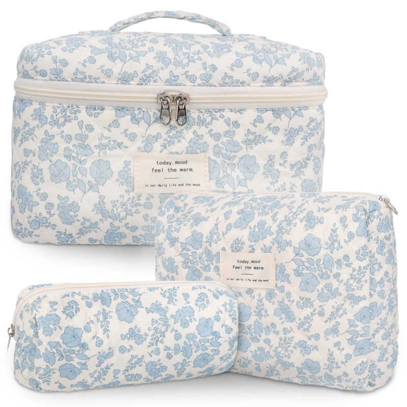 GISMTR 3Pcs Cotton Quilted Makeup Bag Large Travel Cosmetic Bag Coquette Makeup Pouch Cute Aesthetic Floral Toiletry Bag for Women Girls - Image 1