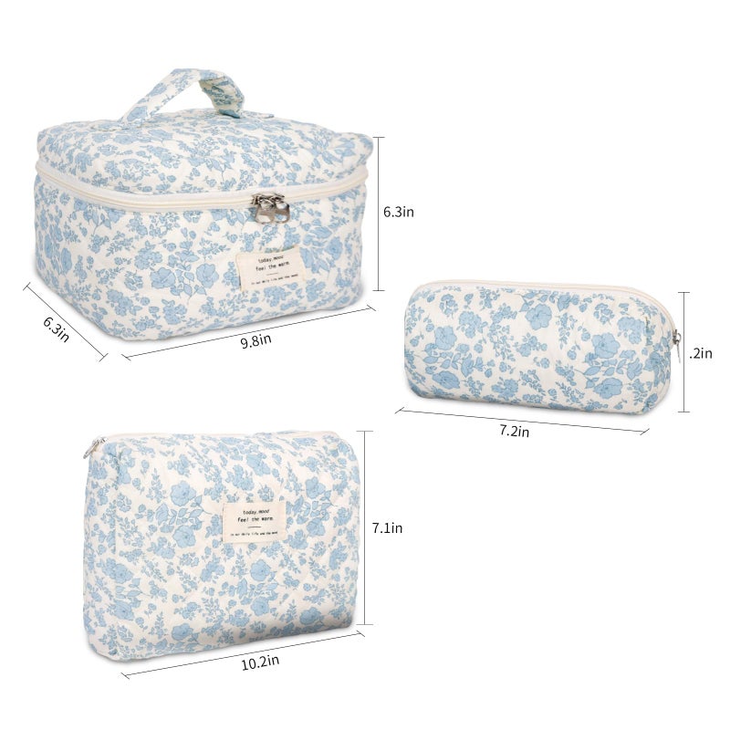 GISMTR 3Pcs Cotton Quilted Makeup Bag Large Travel Cosmetic Bag Coquette Makeup Pouch Cute Aesthetic Floral Toiletry Bag for Women Girls - Image 5