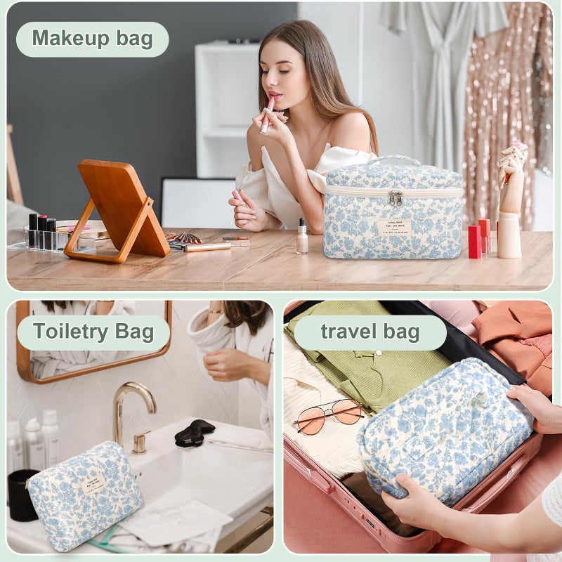 GISMTR 3Pcs Cotton Quilted Makeup Bag Large Travel Cosmetic Bag Coquette Makeup Pouch Cute Aesthetic Floral Toiletry Bag for Women Girls - Image 3