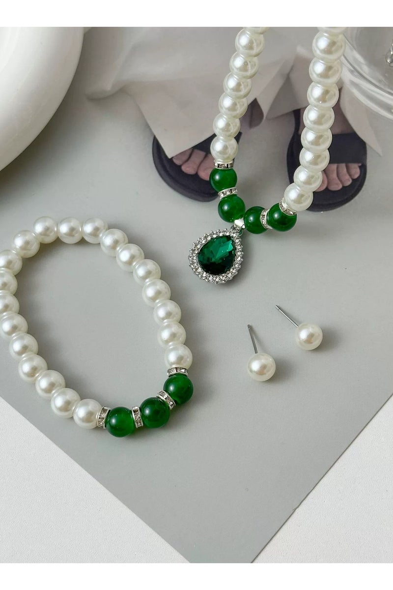 Goolsky قلادة لؤلؤ أنيقة مع قلادة كريستال خضراء – طوق فاخر بسيط للنساء، مجوهرات جاهزة كهدية - Image 2