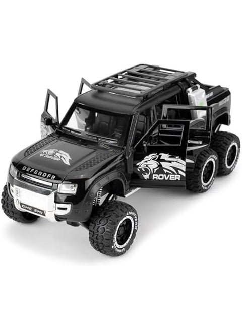Toy Car Compatible for 1:24 Land Rover Defender Six Wheels Off Road Pickup Car Model, Pull Back Diecast Truck Collectible Truck with Sounds＆Lights for Kids Boys Girls and Adults, Gift (Black)