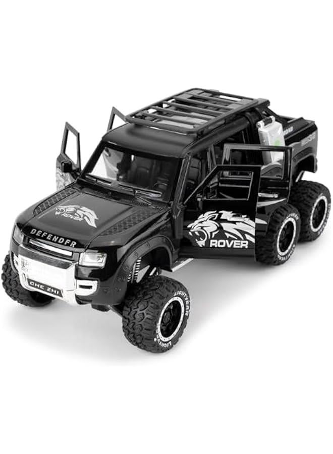 Toy Car Compatible for 1:24 Land Rover Defender Six Wheels Off Road Pickup Car Model, Pull Back Diecast Truck Collectible Truck with Sounds＆Lights for Kids Boys Girls and Adults, Gift (Black)