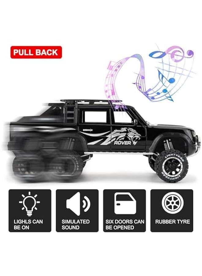 Toy Car Compatible for 1:24 Land Rover Defender Six Wheels Off Road Pickup Car Model, Pull Back Diecast Truck Collectible Truck with Sounds＆Lights for Kids Boys Girls and Adults, Gift (Black)
