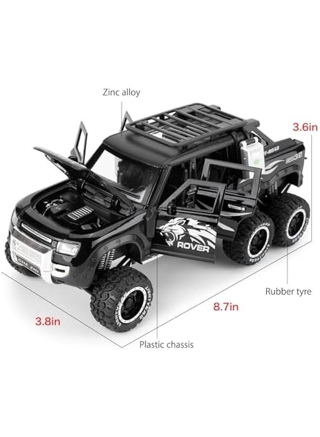 Toy Car Compatible for 1:24 Land Rover Defender Six Wheels Off Road Pickup Car Model, Pull Back Diecast Truck Collectible Truck with Sounds＆Lights for Kids Boys Girls and Adults, Gift (Black)