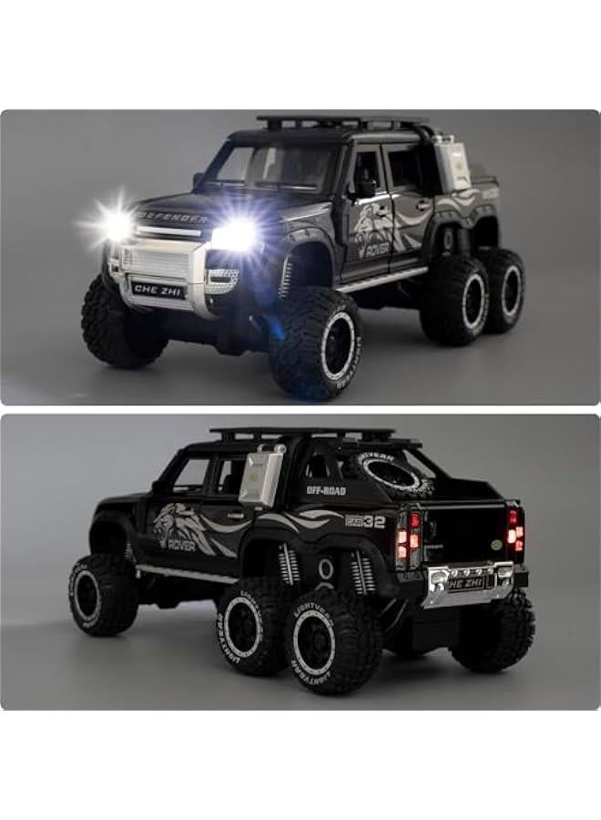 Toy Car Compatible for 1:24 Land Rover Defender Six Wheels Off Road Pickup Car Model, Pull Back Diecast Truck Collectible Truck with Sounds＆Lights for Kids Boys Girls and Adults, Gift (Black)