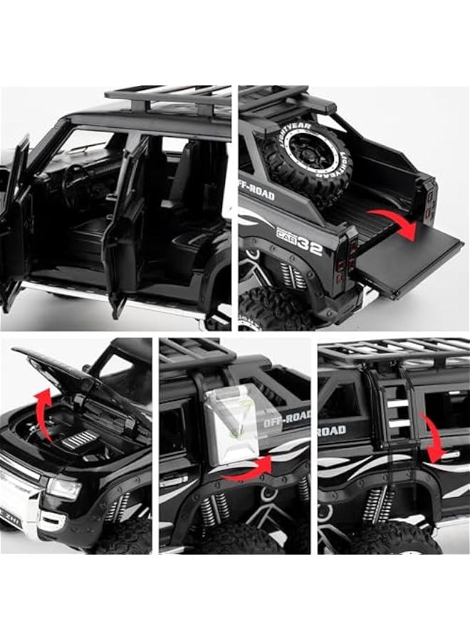 Toy Car Compatible for 1:24 Land Rover Defender Six Wheels Off Road Pickup Car Model, Pull Back Diecast Truck Collectible Truck with Sounds＆Lights for Kids Boys Girls and Adults, Gift (Black)