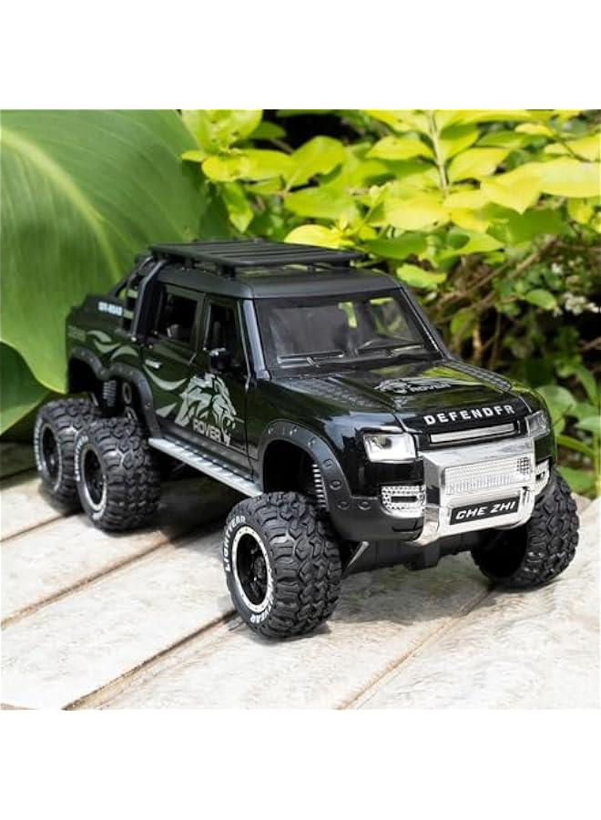 Toy Car Compatible for 1:24 Land Rover Defender Six Wheels Off Road Pickup Car Model, Pull Back Diecast Truck Collectible Truck with Sounds＆Lights for Kids Boys Girls and Adults, Gift (Black)