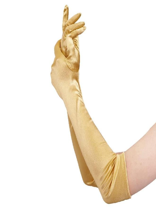 Lansian Women's 21'' Long Flapper Satin Finger Gloves Champagne Elbow Length 1920s Opera Costume Bridal Dance Gloves For Evening Party, Champagne Gold - Image 2