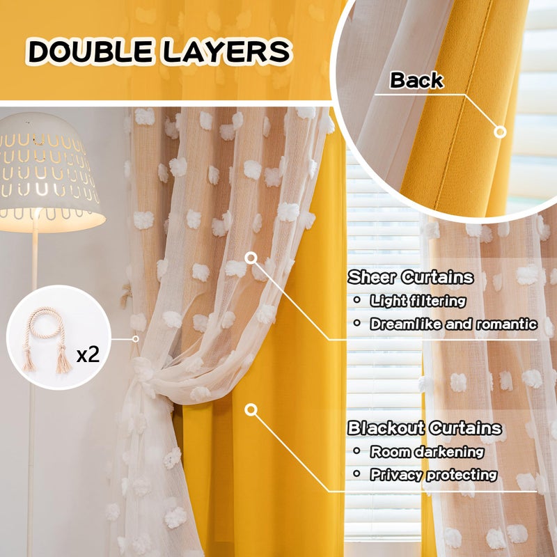 MYSKY HOME Yellow Curtains for Bedroom 54 Inch Long Double Layer Curtains for Kids Room Kithen White Pom Pom Sheer Nursery Curtains Grommet Room Darkening Small Window Curtains 2 Panels 52"" x 54""