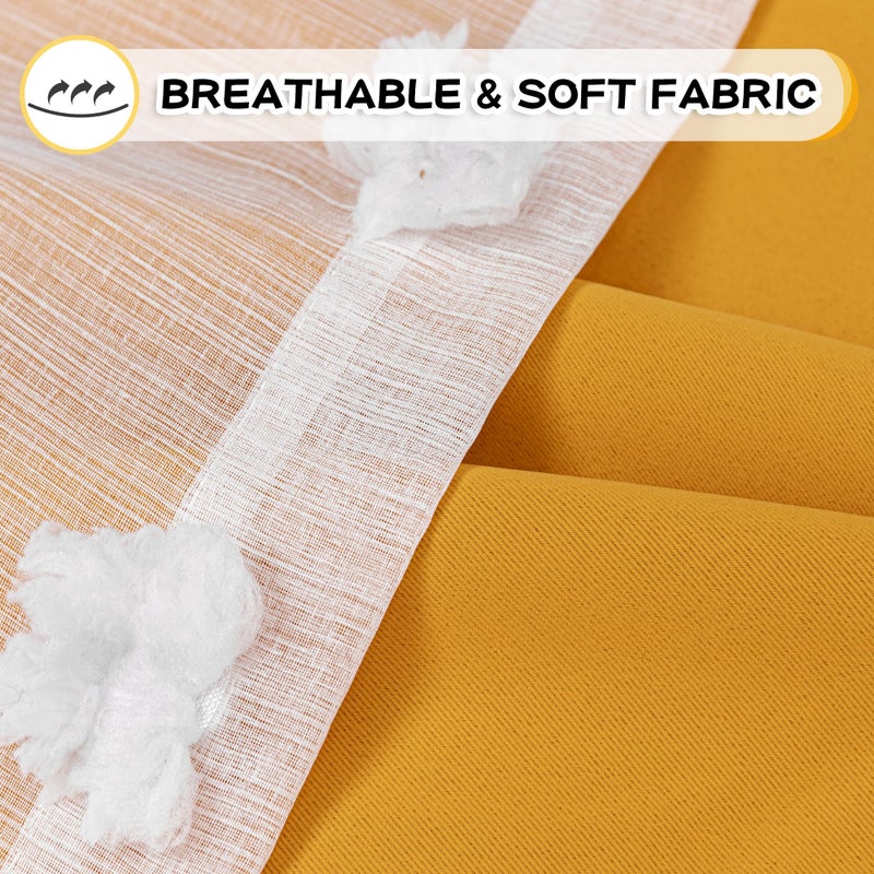 MYSKY HOME Yellow Curtains for Bedroom 54 Inch Long Double Layer Curtains for Kids Room Kithen White Pom Pom Sheer Nursery Curtains Grommet Room Darkening Small Window Curtains 2 Panels 52"" x 54""