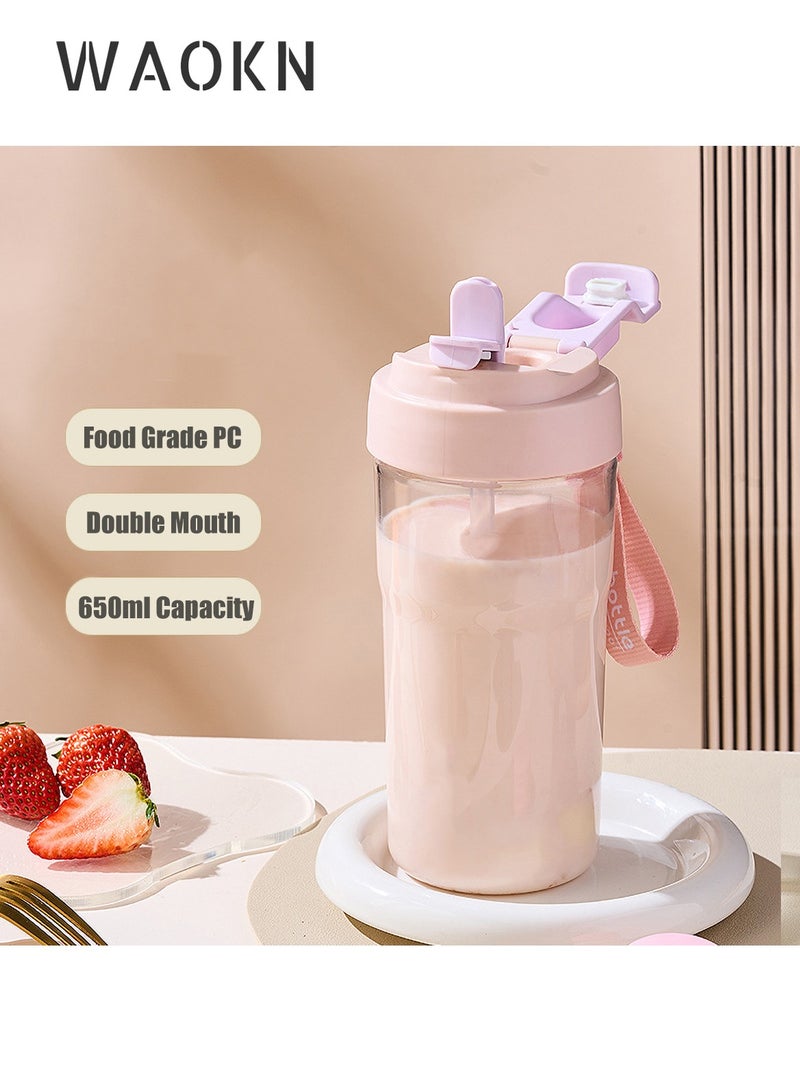 WAOKN New 650ml Capacity Highly Sealable of PC Material Sporting Water Bottle With Straw and Drinking Mouth Two Drinking Methods for Outdoor Sports and Fitness Exercise