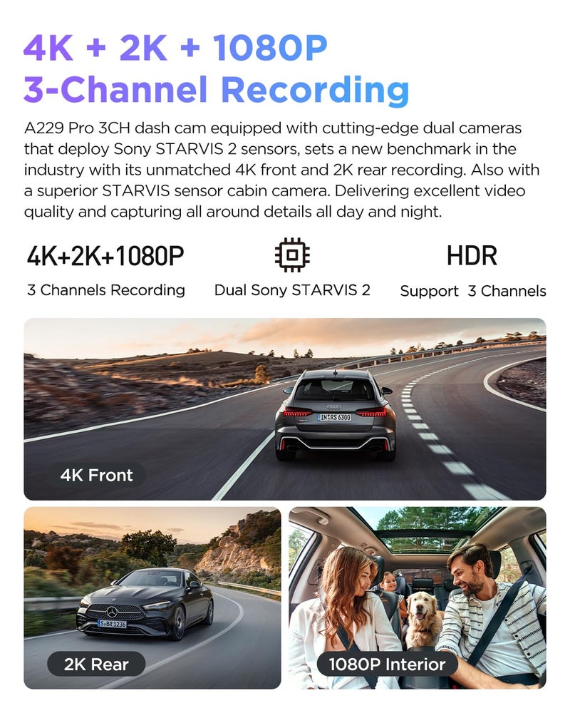 VIOFO A229 Pro 3 Channel 4K HDR Dash Cam, Dual STARVIS 2 Sensors IMX678 & IMX675, 4K+2K+1080P Front Inside and Rear Triple Car Camera, 5GHz WiFi GPS, Voice Control, 24H Parking Mode, Support 512GB - Image 2